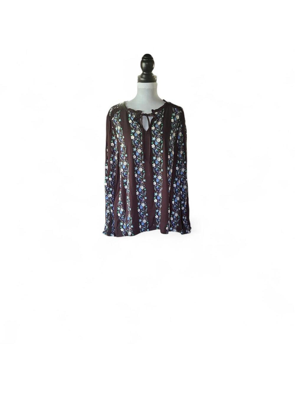 Talbots Women's Black Floral Long Sleeve Blouse with Tie Front Detail, Size L